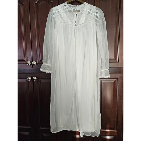 Vtg 70s Vanity Fair Night Gown Robe White Satin Lace Nylon Sheer 2 Piece Sz L - Picture 1 of 13